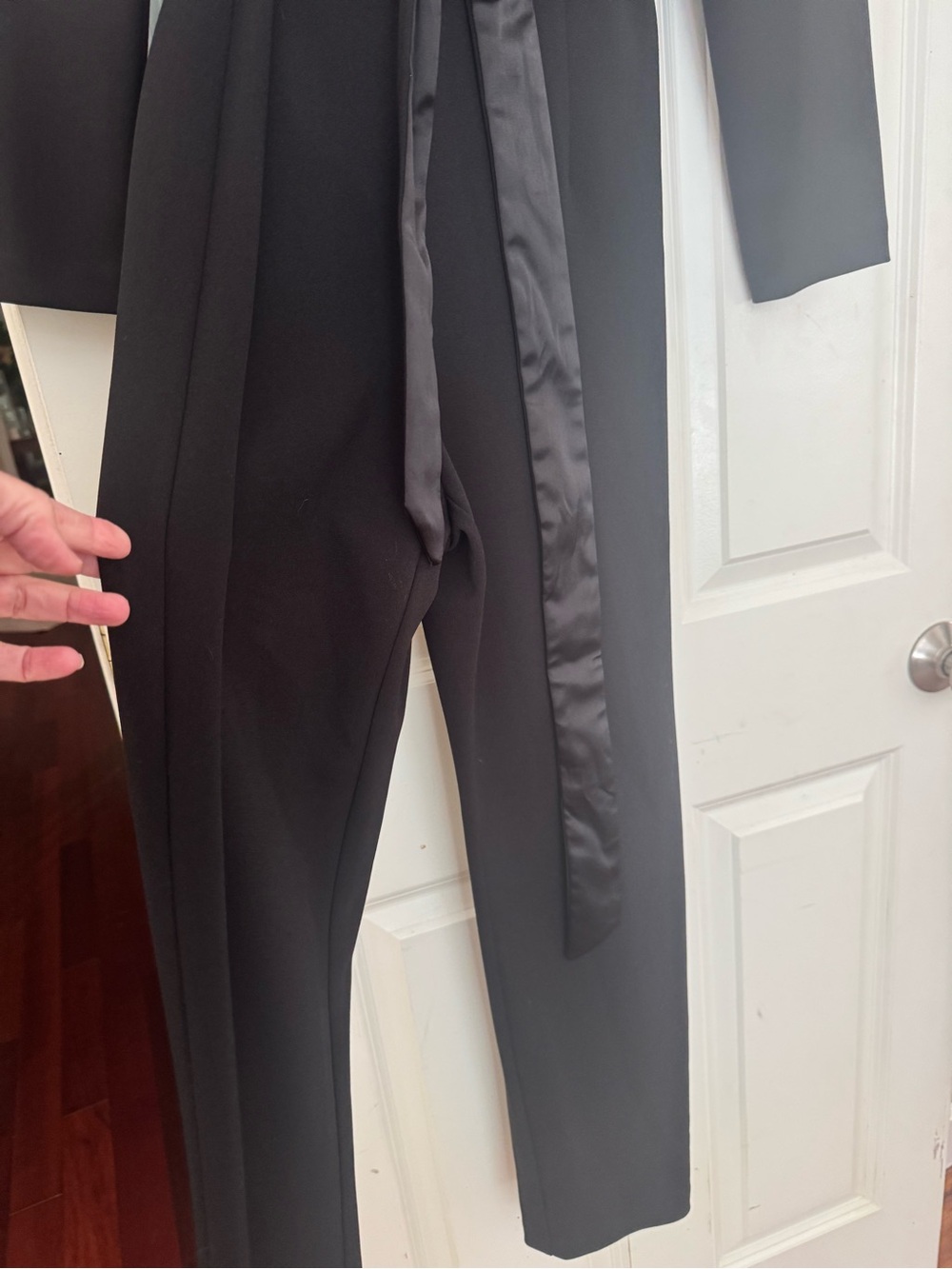 Adrianna Papell Black Satin-Trim Jumpsuit with Tie Belt - Picture 3 of 7